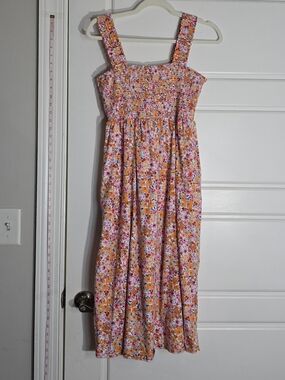 Old Navy Petite Floral Smocked Midi Dress L Petite Orange Pink Cottagecore